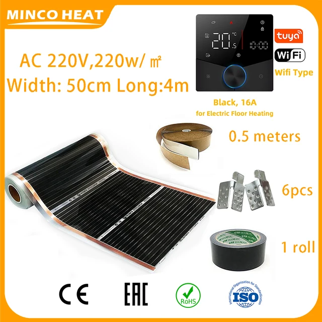 Minco ความร้อน 2 ตารางเมตร AC 220V 220w อินฟราเรด Underfloor ความร้อนฟิล์ม WiFi Thermostat Clamp และฉนวนกันความร้อนวาง 1
