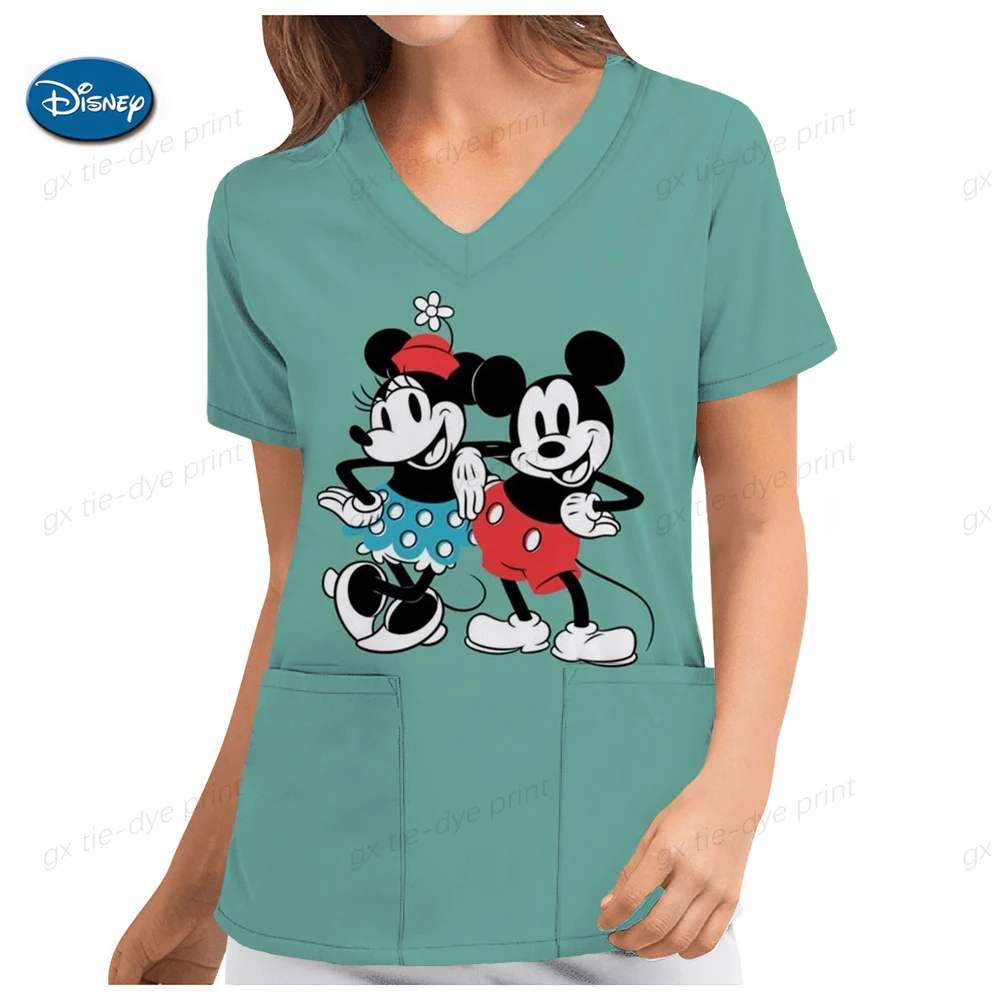 thumbnail image 1 of Blusa de trabajo de enfermera con estampado de Mickey Mouse de Disney, uniformes médicos, uniforme de enfermera de atención médica, manga corta, cuello en V para mujer, 1 of 5