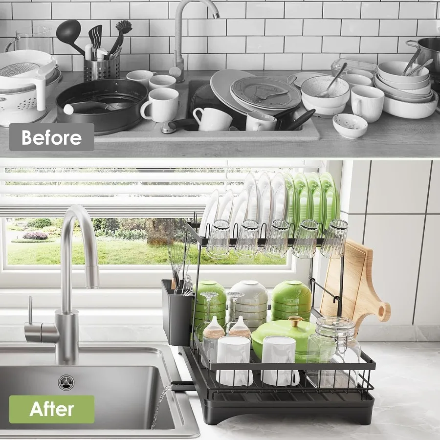 Dish Drying Rack Dish Racks for Kitchen 1 Tier or 2 Tiers Large Dish Drainer Organizer with Utensil Holder Kitchen Counter Orga