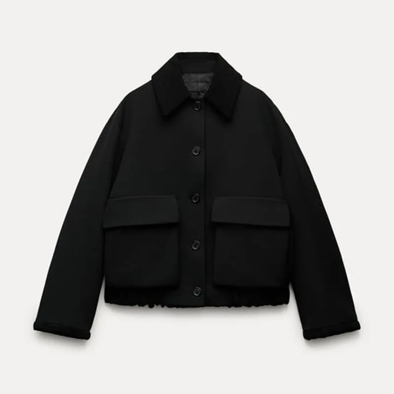 

Женская куртка-бомбер с карманами, однотонная короткая однобортная куртка-бомбер с откидным воротником в уличном стиле, Осень-зима 2024