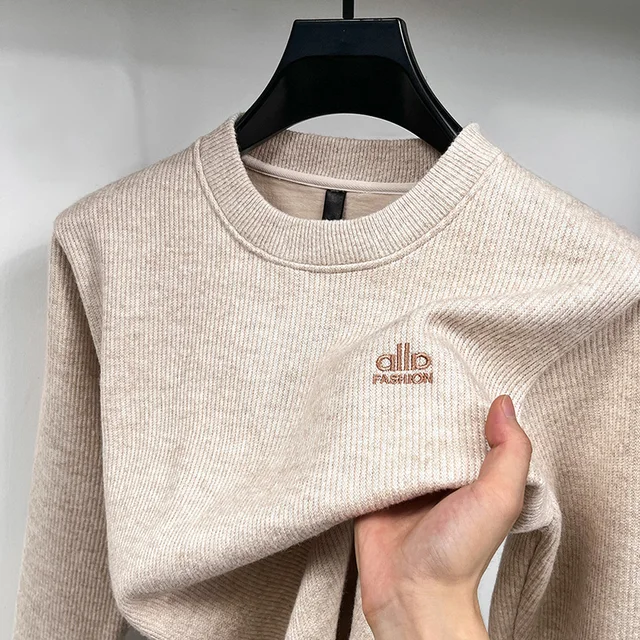 Sudadera con cuello redondo acanalado grueso con forro polar Original de diseñador para hombre, sudadera cálida antipilling de manga larga informal para Otoño e Invierno