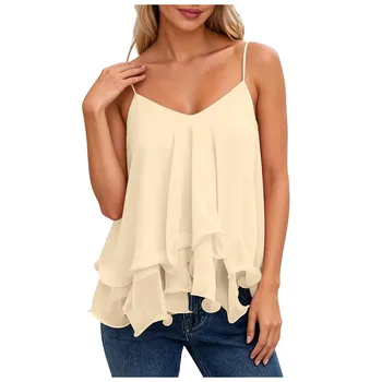Top da donna in chiffon con spalline sottili, scollo a V, orlo arricciato, a strati, vestibilità ampia e fluida, per l'estate, feste, spiaggia e vacanze