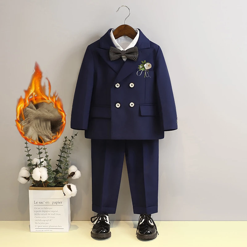 Suit for Boys Winter Fleece Warm Flower Kids Wedding Banquet Performance Clothes Black Thicken Children Blazer Set 1 To 12 Years