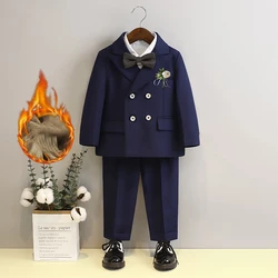 Suit for Boys Winter Fleece Warm Flower Kids Wedding Banquet Performance Clothes Black Thicken Children Blazer Set 1 To 12 Years