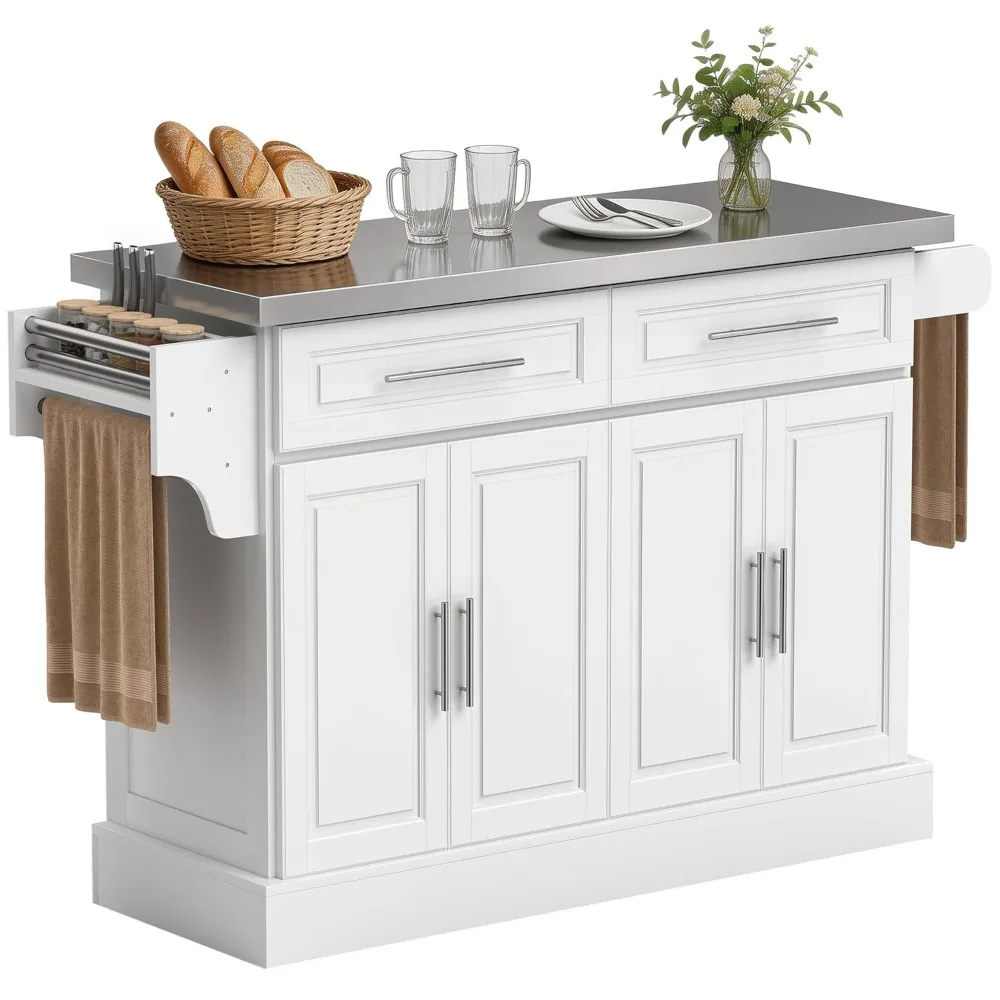 Rolling Kitchen Island Cart with 47" Stainless Steel Top, Portable Island Table for Kitchen with Wheels, Adjustable, Customized 2