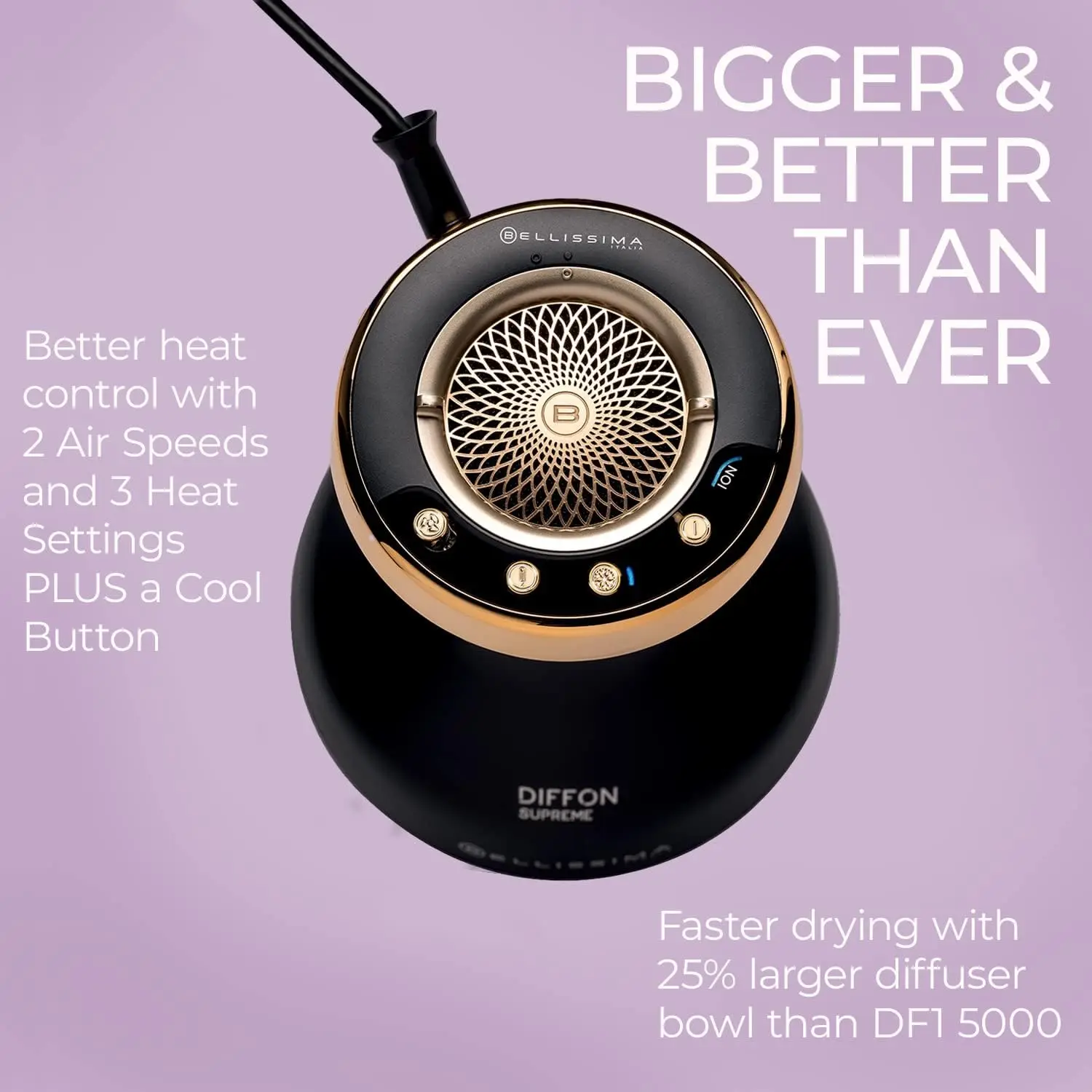 Italia Diffon Supreme Diffuser & Curly Hair Dryer-XL Diffuser for Quick Drying-Cool Button Anti-Frizz Technolog