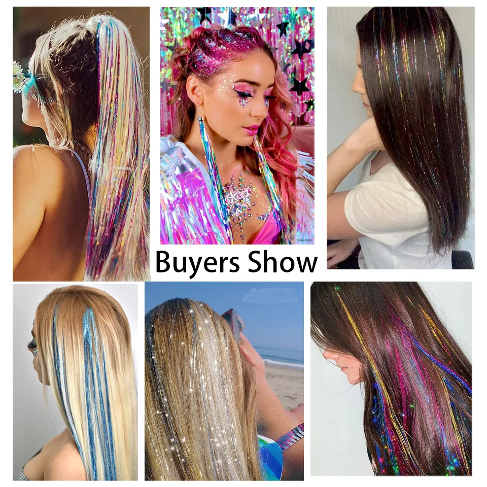 Hair Tinsel Kit Fairy Tinsel Hair Extensions With Tool 12 Colors Heat Resistant for Christmas New Year Party 48inch