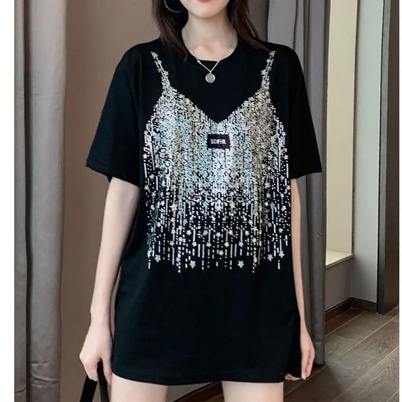 

Summer New Round Neck Fashion Short Sleeve T-Shirts Women High Street Casual Loose Pullovers Cotton Diamonds All-match Tops