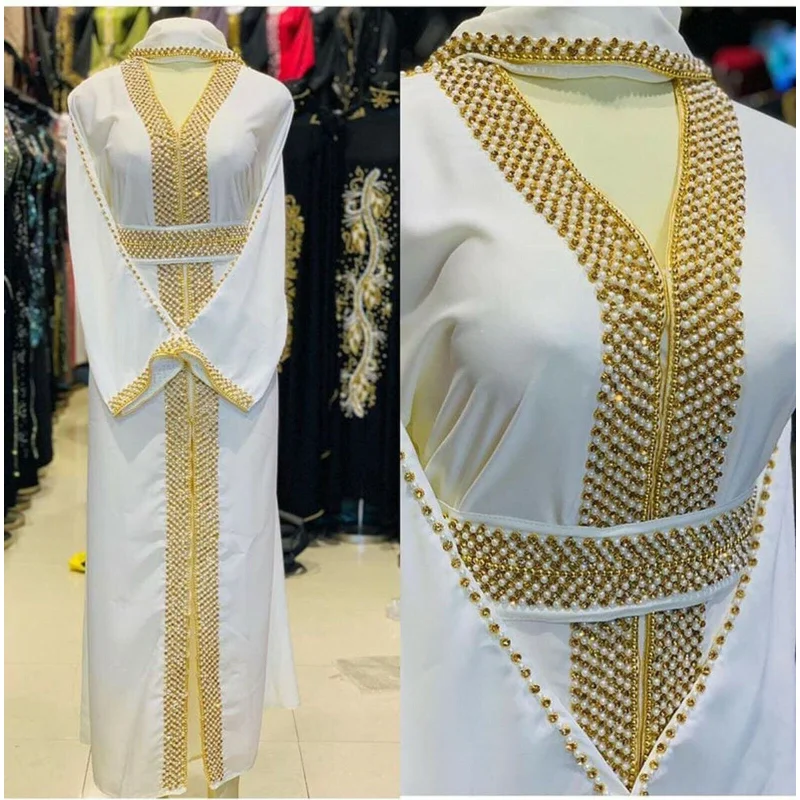 

Dubai Kaftan Bead Sequin Decor Moroccon Caftan V-Neck Long Sleeve Dubai Robe Indian Clothing Length 60 Inches
