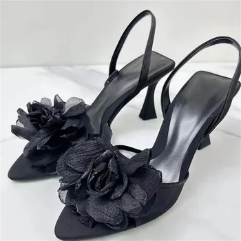 TRAF Sexy Black Heels Women Summer Party Pointed Toe High Heeled Sandals Elegant Floral Slingback Pumps Fashion Stiletto Shoes - Image 6