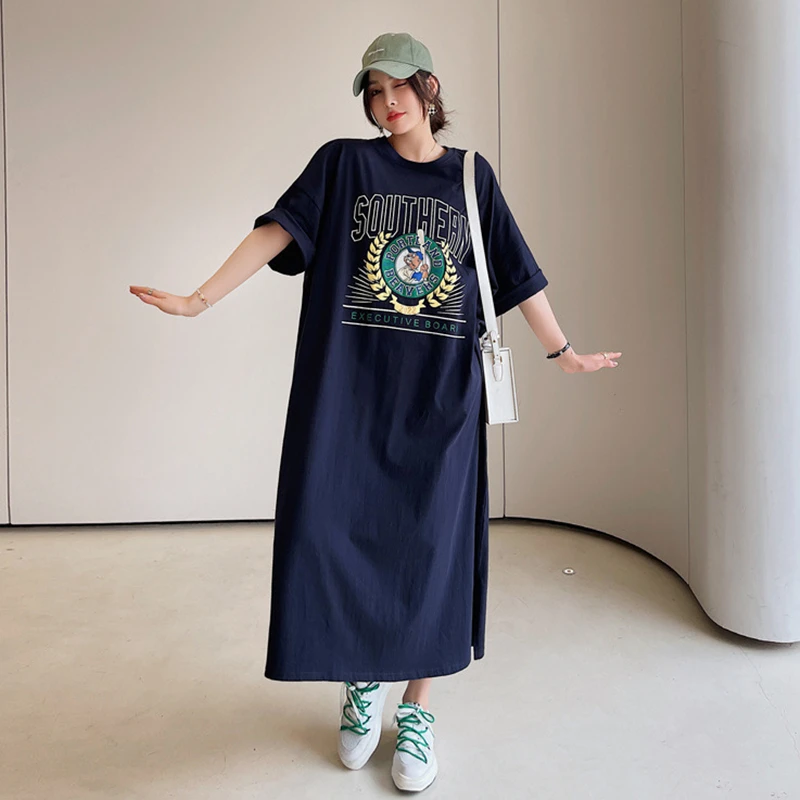 

Fashion Women Loose Long T-shirt Dress Summer Printing Short Sleeve Dresses Plus Size Loose Casual Side Slit Female Clothing