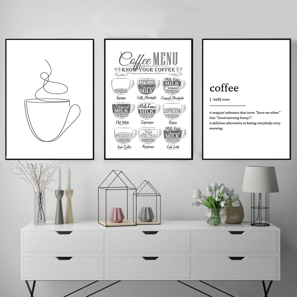 Nordic Coffee Guide Menu Wall Pictures Art Print Black White Simple Line Mug Canvas Painting Cafe Shop Poster Decor |