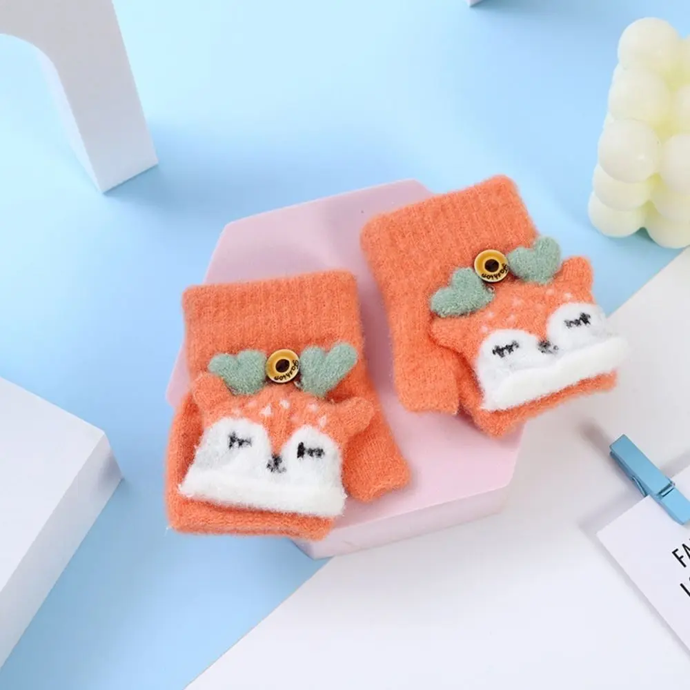 Winter Children Gloves Cute Flip Warm Mittens Fluffy Thick Boy Girl Cartoon Kids Half-finger 0-3Years Old Writing Soft Glove 6