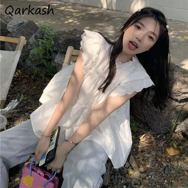 

Ruffles Blouse for Women Cute Streetwear Breathable Summer Solid Leisure Y2k Aesthetic Korean Style Teenagers Baggy Ruched Sweet