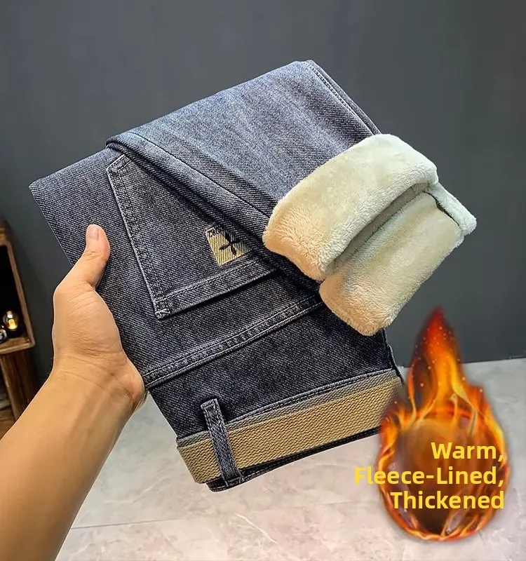 Men's Fce Lined Thiened Winter Straight Leg Jeans Slim Fit Bootcut Trousers Elastic Versatile Long Pants Trendy Brand