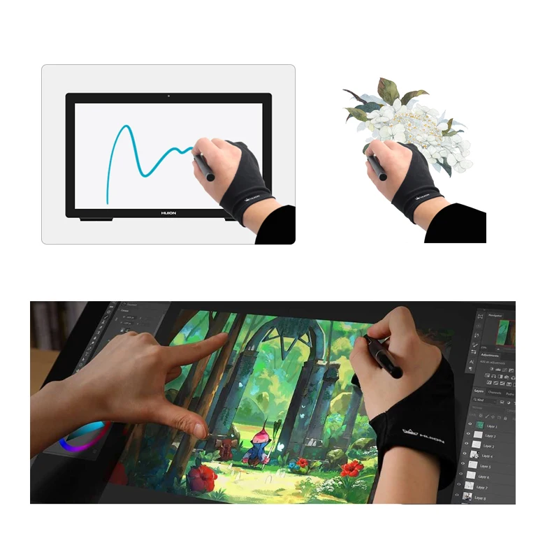 Huion 팜 리젝션 아티스트 장갑, 그래픽 태블릿, 터치 방지, 두 손가락 장갑, 드로잉 디스플레이 펜, 컴퓨터 LED 라이트 패드