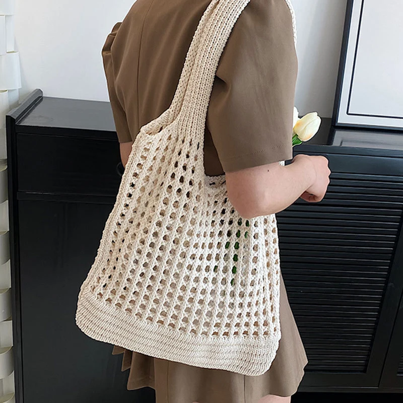 Bolso De Punto Para Mujer - Bolso De Playa De Malla Hueco, Estilo Boho, Poliéster Ligero, Blanco, Ideal Para Playa, Compras O Diario