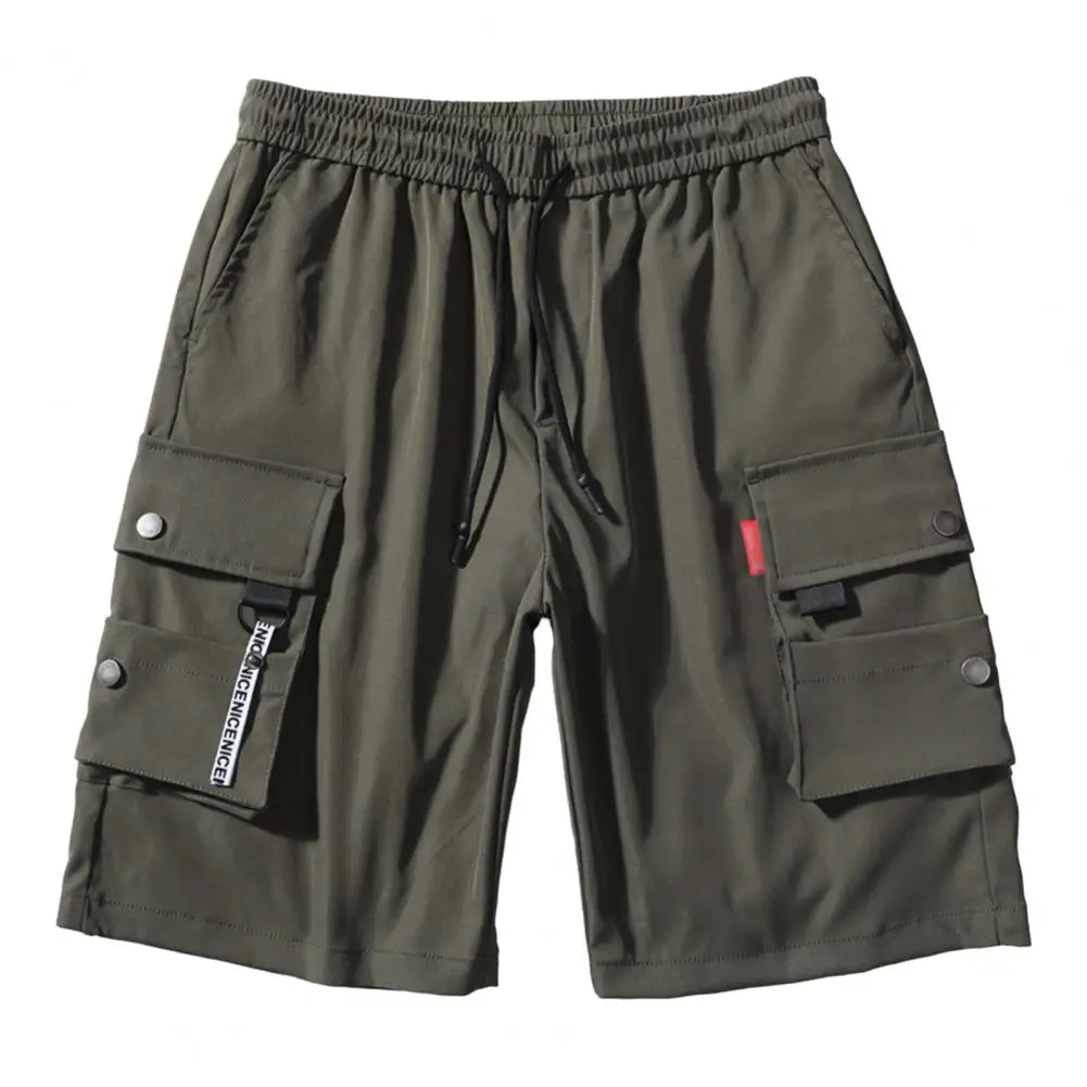 Calções de verão masculinos cintura elástica cordão shorts multi bolsos em linha reta perna larga mid-rise esporte carga shorts streetwear