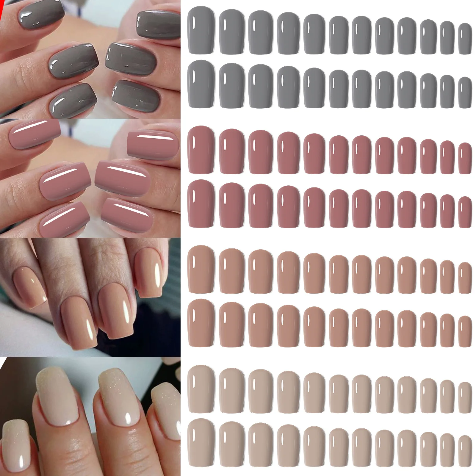 96 Stück verpackt, 4 Farben, kurze Nagelspitzen, Ballett/Kaffee/Quadrat, vollständige Abdeckung, matt, hell, künstliche Nägel, zum Aufdrücken der Nägel, DIY-Maniküre-Design – Detail 13