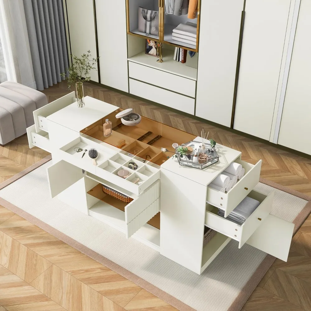 Modern Armoire Bedroom Island with Drawers Glass Top, Multi-Function Closet Island with 6 Drawers,Wooden Closet Storage Cabinet 3