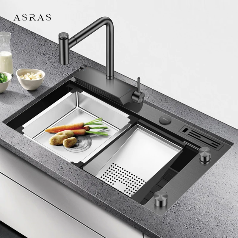 Nanometer Black Step Kitchen Sink SUS 304 Stainless Steel 4mm Thickness Handmade Above Mount Waterfall Faucet Kitchen Sinks