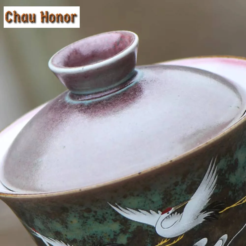 160ml Antique Kiln Change Glaze Gaiwan Creative Crane Tea Tureen Household Tea Maker Cover Bowl Tea Services Supplies Decoration