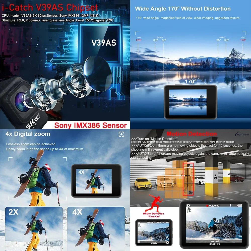 Action Camera 5K30FPS 4K60FPS 48MP 2.0 Touch LCD EIS Dual Screen Wi-Fi 170D DVR Webcam Waterproof 30M 5X Zoom Sports Camera 4