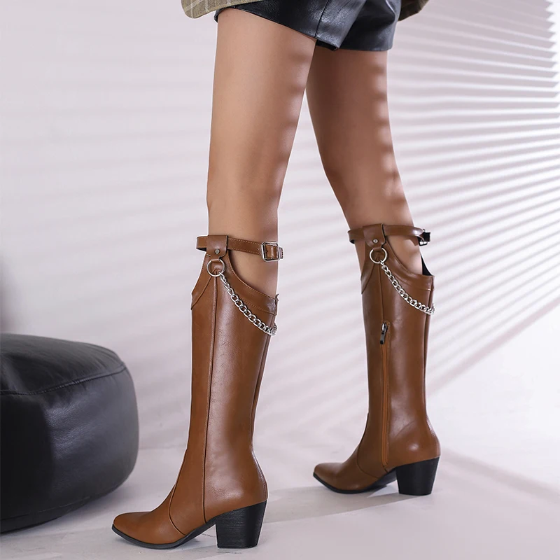 Metal Chain Irregular Belt Buckle Knee Boots Side Zipper Pointed Toe Women's High Heels Handsome Personality Street Style