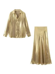 HH TRAF 2024 Female Fashion Gold Blouse Skirt Set Elegant Metallic High Waist Pleated Midi Skirt Women Casual Lapel Shirt Suit