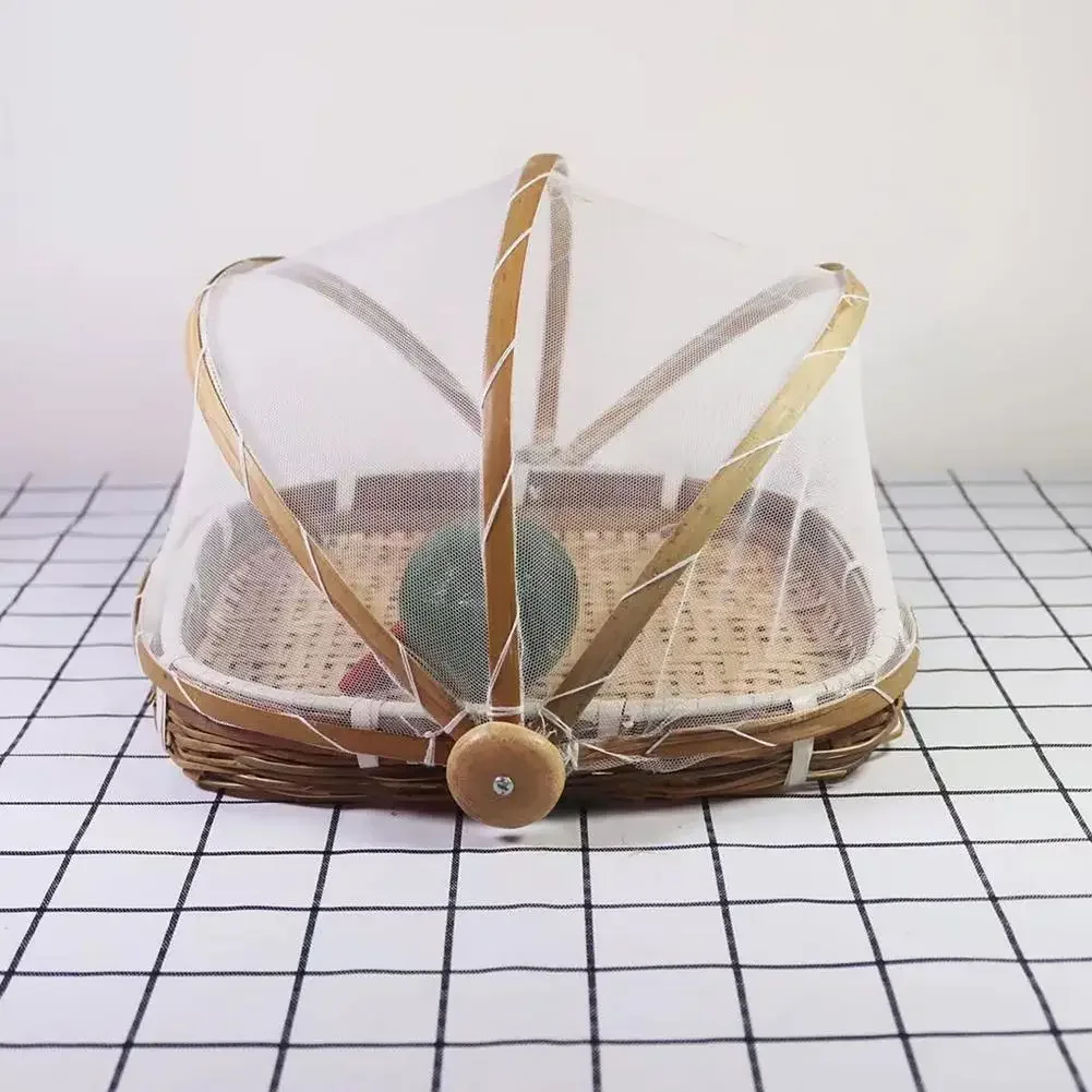 Hand-Woven Bamboo Food Serving Tent Basket Tray Fruit Vegetable Bread Storage Basket Kitchen Outdoor Picnic Mesh Net Cover