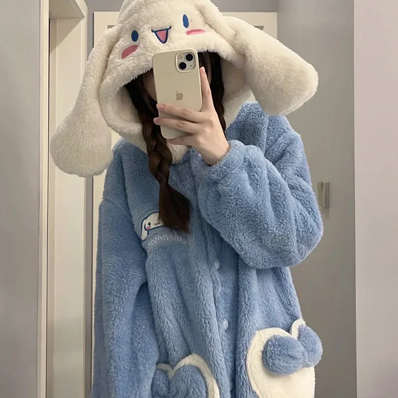 Sanrio Anime Girl Plush Pajamas Kuromi Cinnamoroll Winter Extra Thick Coral Fleece Home Clothing Nightdress Cloth