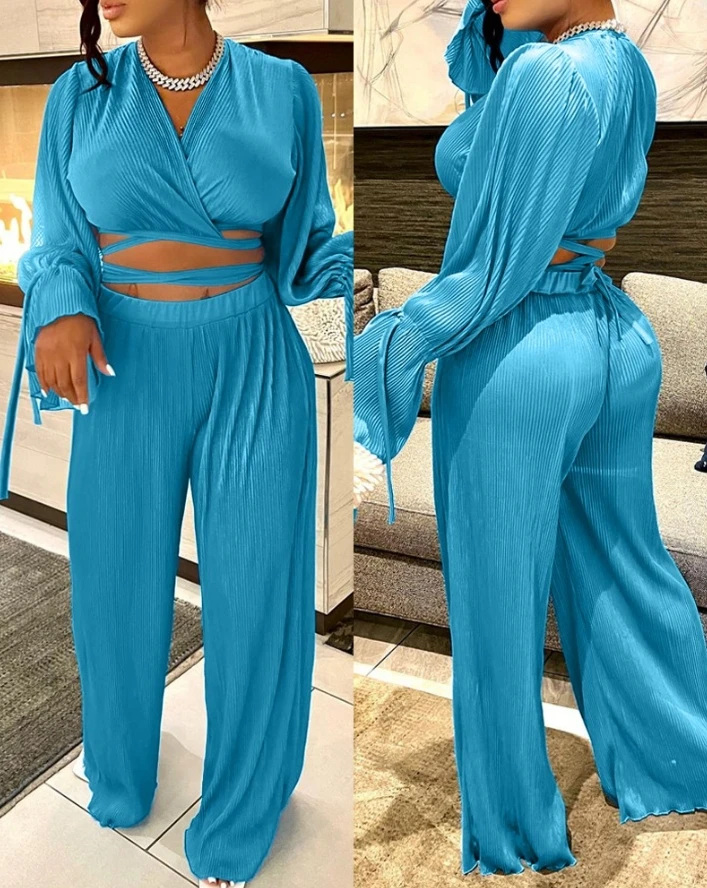 Women Two Piece Outfits Elegant Casual Solid V-Neck Bell Long Sleeve Tied Detail Crop Top and High Waist Wide Leg Pants Set