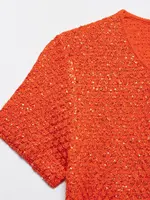 Zevity Women Fashion O Neck Short Sleeve Sequined Design Knitted Sweater Female Chic Open Stitching Crop Coats Chic Tops CT9378 - Image 5