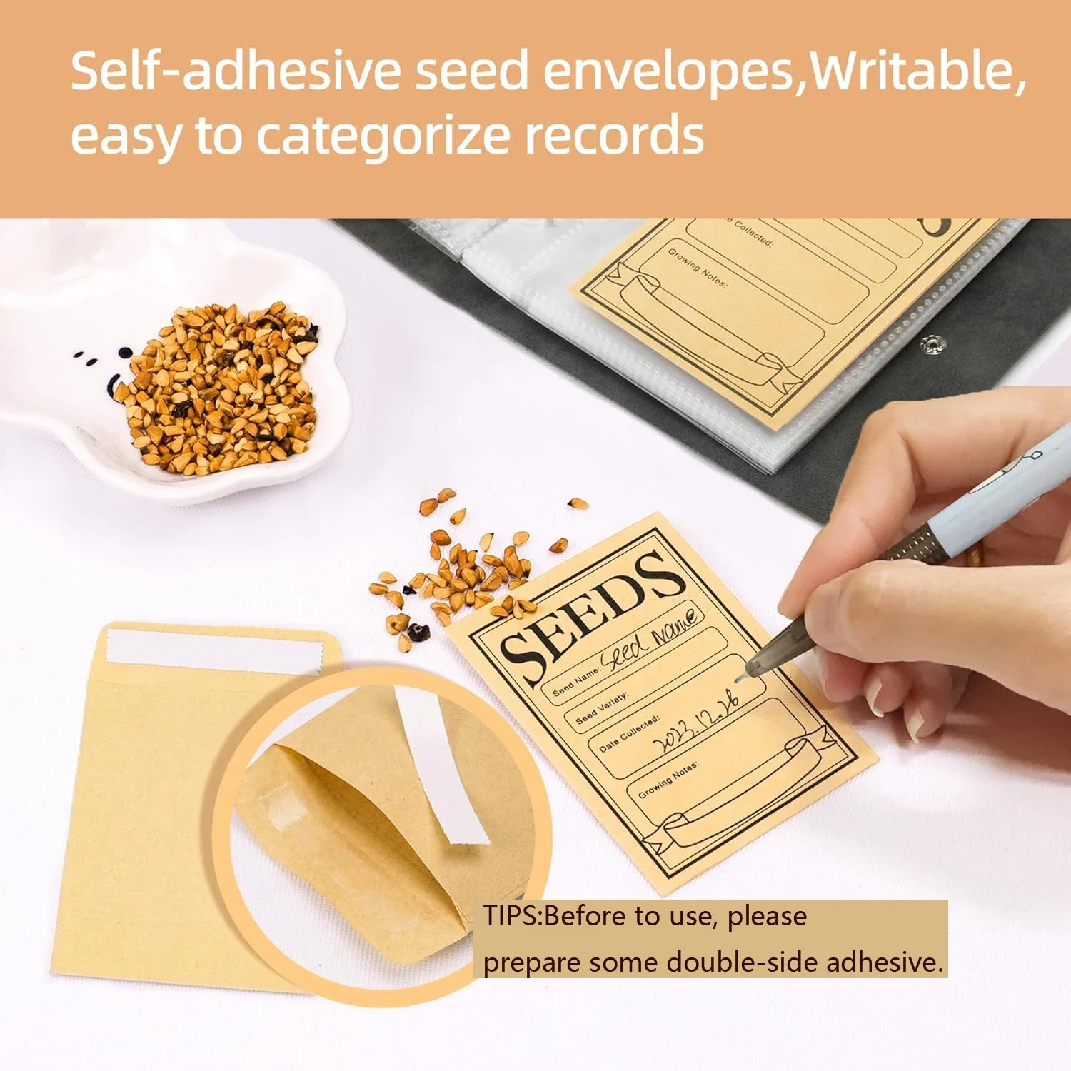 1 Set Seeds Storage Organizers, Garden Seed Organizer Binder ,Seed Packet Organizer, with 50pcs Self-Sealing Seed Envelopes