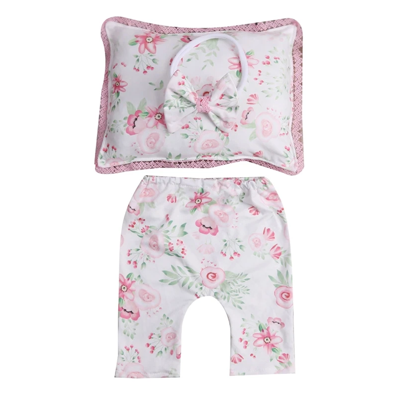 

Newborn Photography Props Outfits 1Set Baby Girls Printed Bowknot Headband Pants Pillow Infants Photo Clothes Suit