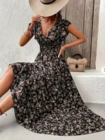 Plus Size 1XL-5XL Women's Fashion Summer Floral Print V-Neck Ruffle Hem Dress Ladies Short Sleeve Elegant Flare Dress Long Dress - Image 3
