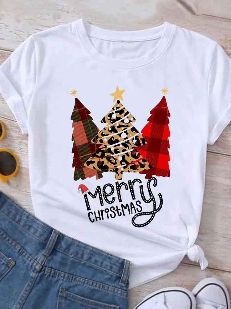 

Leopard Tree Trend New Year Christmas Graphic T Shirt Print T-shirt Top Fashion Women Holiday Female Short Sleeve Tee Clothing