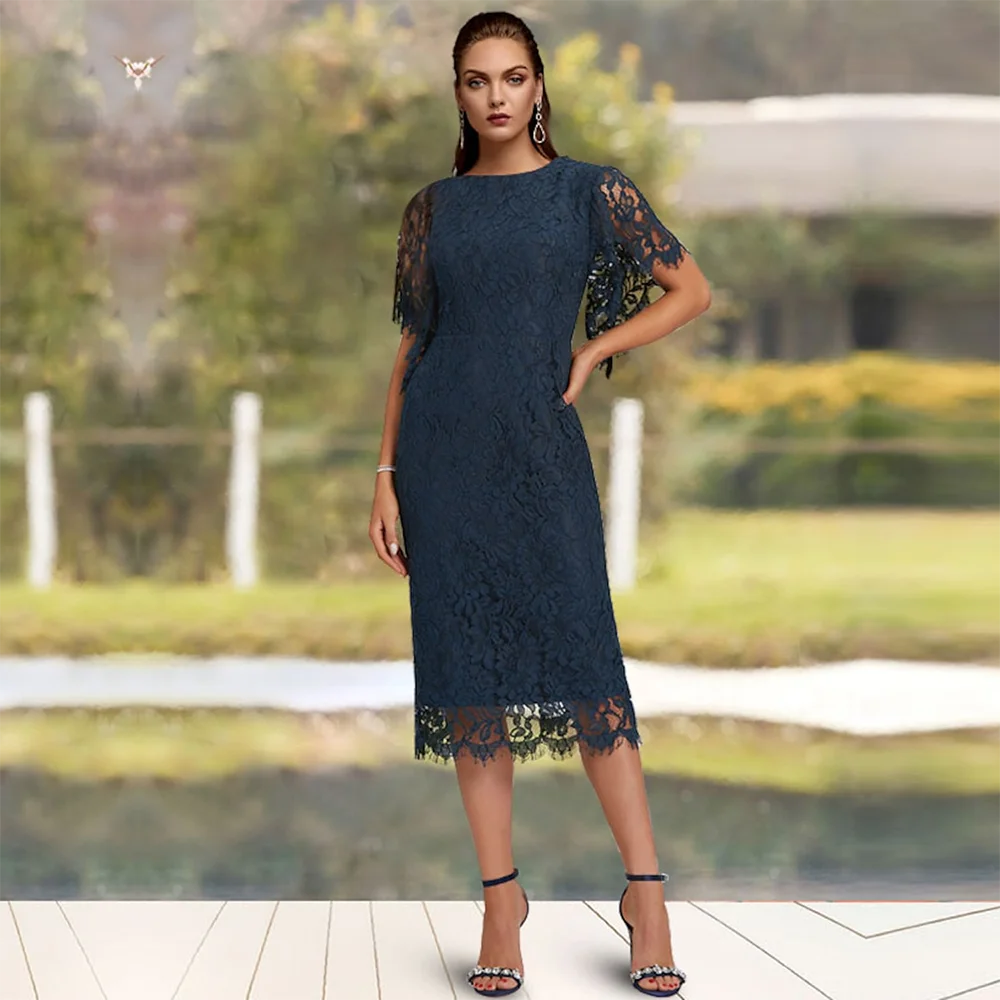 

Dark Navy Plus Size Mother Of The Bride Dresses Shealth Lace Short Sleeve Robe Mere De Mariee Short Mother Of Groom Dresse