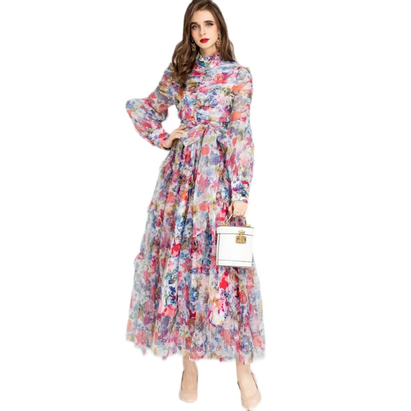 

Stand Collar Lantern Long Sleeve, Self-Tie Belt, Draped Ankle Length, Print Maxi, Summer Beach Dress, S - XXL