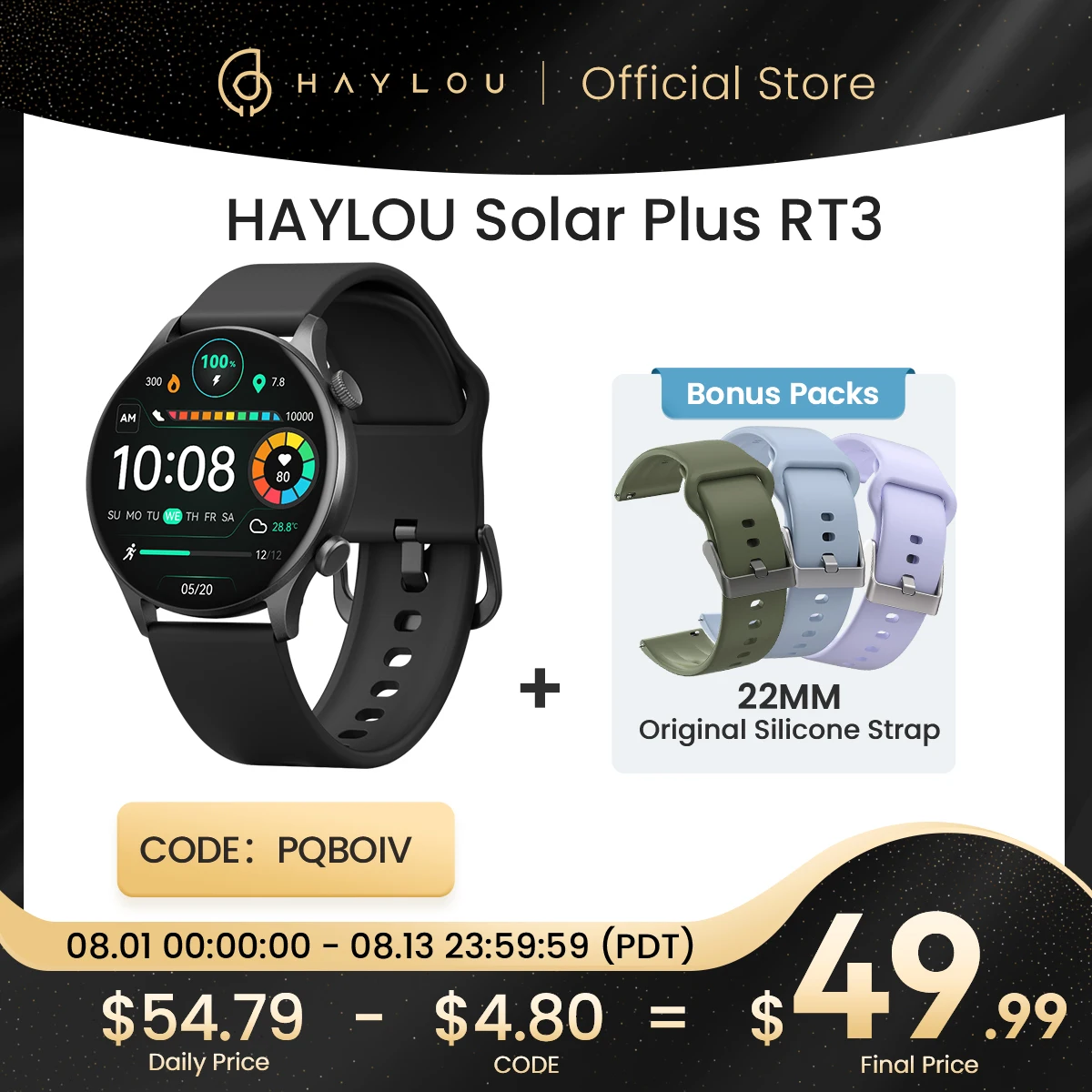  HAYLOU Solar Plus RT3 Smart Watches Custom Watch Face Heart Rate Monitor 105 Sport Models Bluetooth Phone Call IP68 Waterproof 