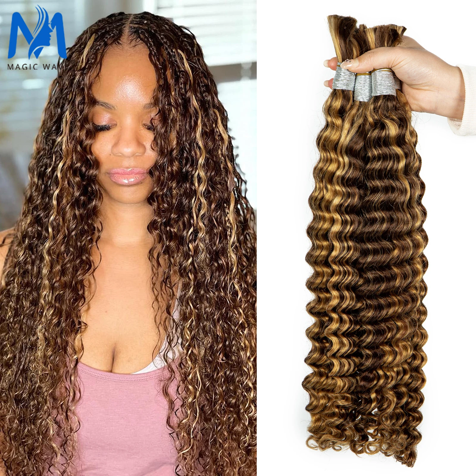 

Deep Curly Color Wavey Virgin Hair Extensions for Hair Salon Braiding 16-28 Inches P4/27 Highlight Brown Bulk Hair Extensions