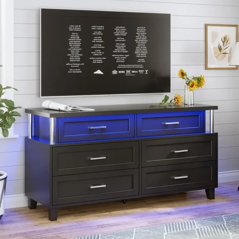 

AOGTI Dresser for Bedroom with 6 Drawers & Led Light, Wide Chests of Drawers with Column Design, Short Modern Dresser for Closet