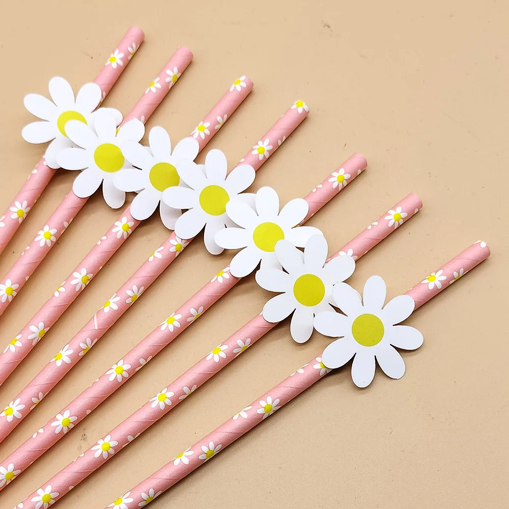 Daisy Flower Paper Straws Disposable Drinking Straw for Daisy Birthday Party Wedding Decoration Supplies Baby Shower
