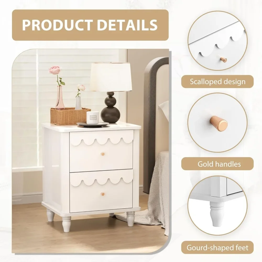 Nightstand Side End Table with 2 Drawers, Modern Wood Night Stand with Petal Pattern for Bedroom, Scalloped Bedside Night Tables 6