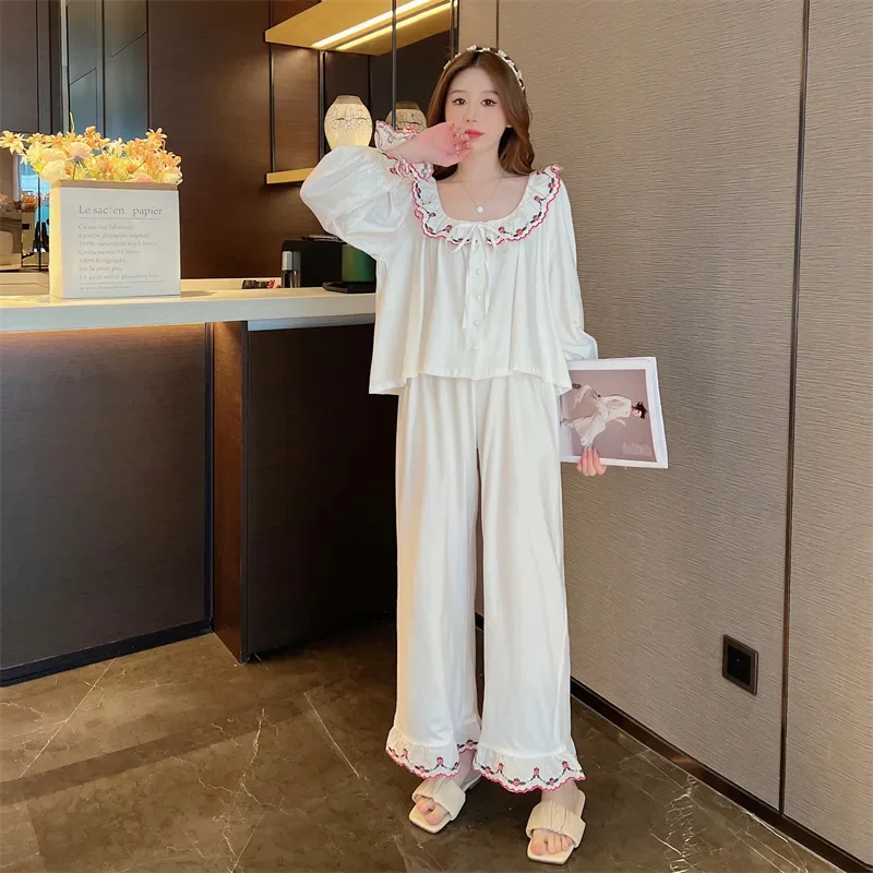 

Cute Women's Pajaam Set Long Sleeve Spring Autumn Ladies Sleepwear 2 Pcs with Pant Korea Style Flare Sleeve Pyjama for Female