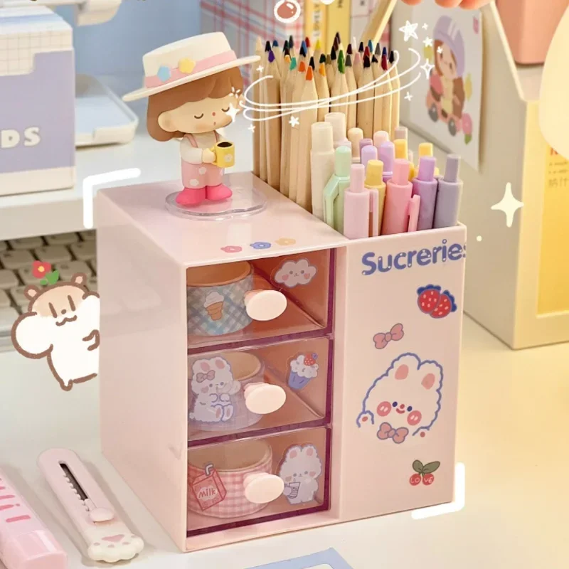 Cute Mini Fridge Pen Holder With Sticker Kawaii Plastic Creative Desk  Organizer For Pens Makeup Brush Home Office Storage Box - AliExpress