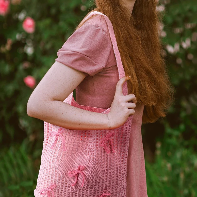 Knitted Shoulder Bag with Bow for Women Crochet Beach Tote Woven Hobo Bag Large Capacity, Hollow Out Handbag for Outdoor Travel