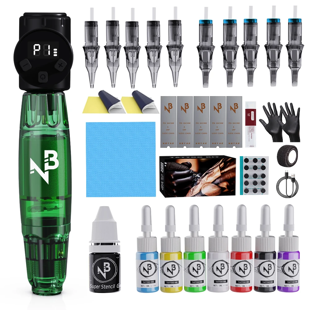 Goldplume Tattoo Kit Wireless Tattoo Machine Gun Kit 1100Mah Power Supply 10 Needles 7 Bottles Ink Accessories Beginners Masters