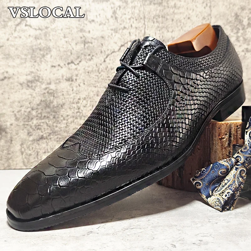 Men's Shoes Black Lace Up Wingtip Formal Derby Mens Dress Shoes Business Office Wedding Genuine Leather Men