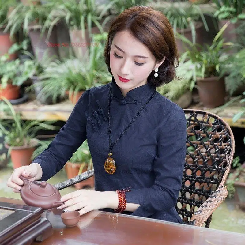 

2023 women chinese traditional qipao tops national tea service cotton linen qipao female vintage tang suit oriental zen suit